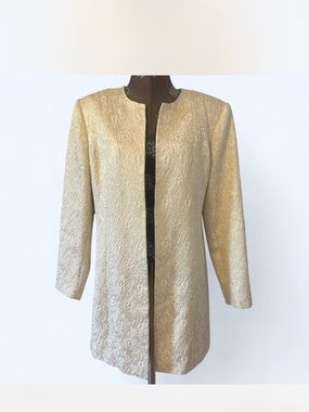 Elegant Gold Brocade Longline Jacket - Women's Open Front Blazer
